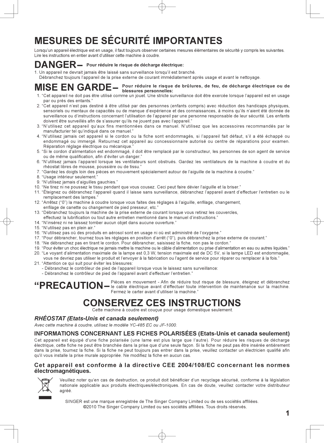 Singer 7467S instruction manual Mesures DE Sécurité Importantes 