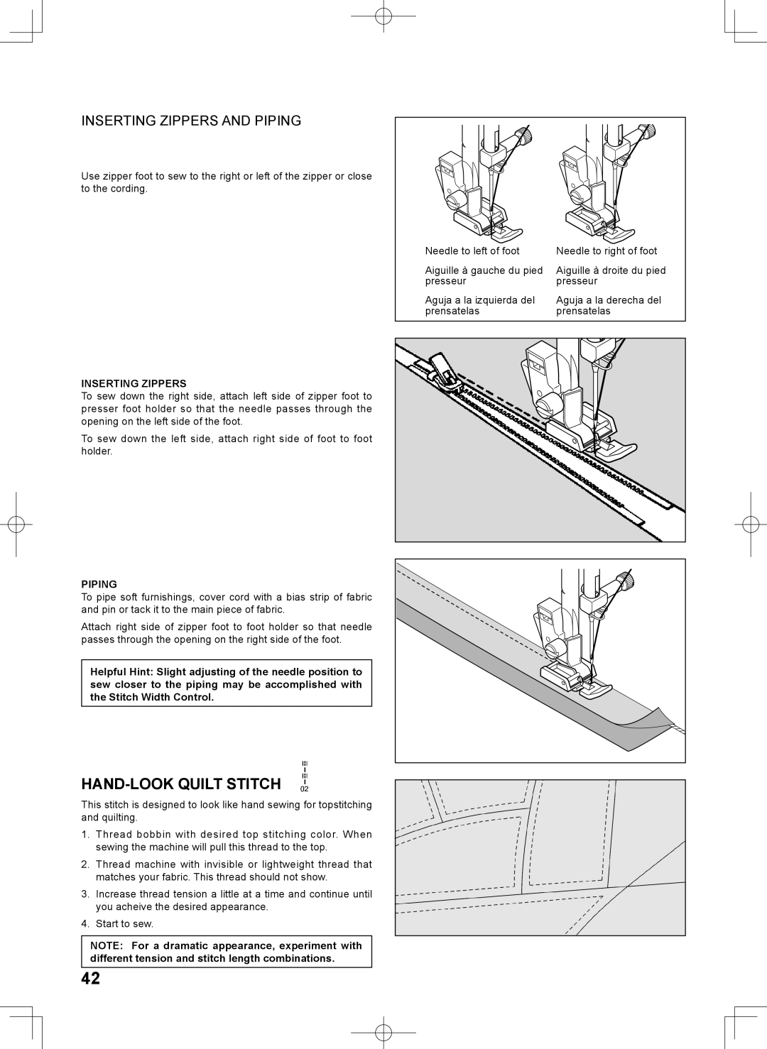 Singer 7467S instruction manual HAND-LOOK Quilt Stitch, Inserting Zippers and Piping 