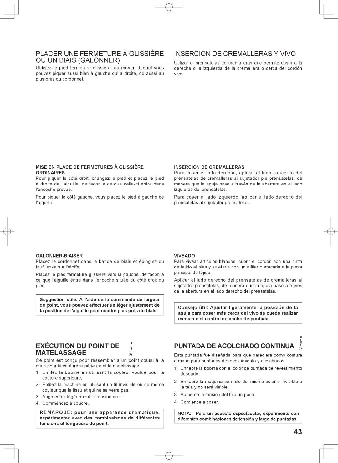 Singer 7467S instruction manual Placer UNE Fermeture À Glissière OU UN Biais Galonner, Insercion DE Cremalleras Y Vivo 