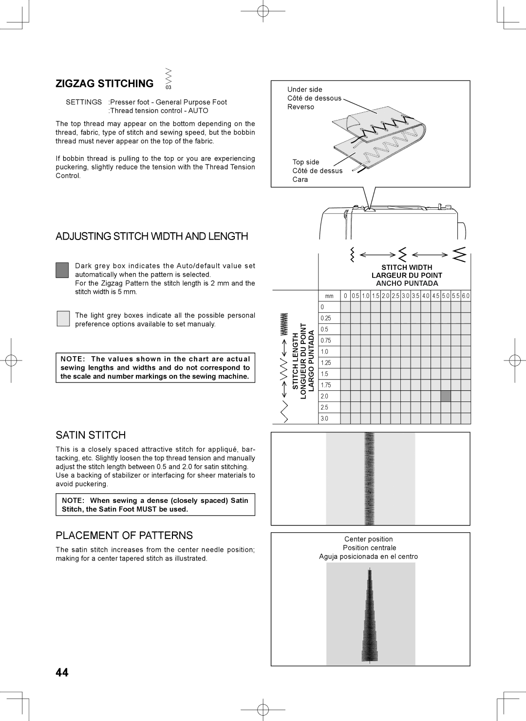 Singer 7467S instruction manual Zigzag Stitching, Adjusting Stitch Width and Length, Satin Stitch, Placement of Patterns 