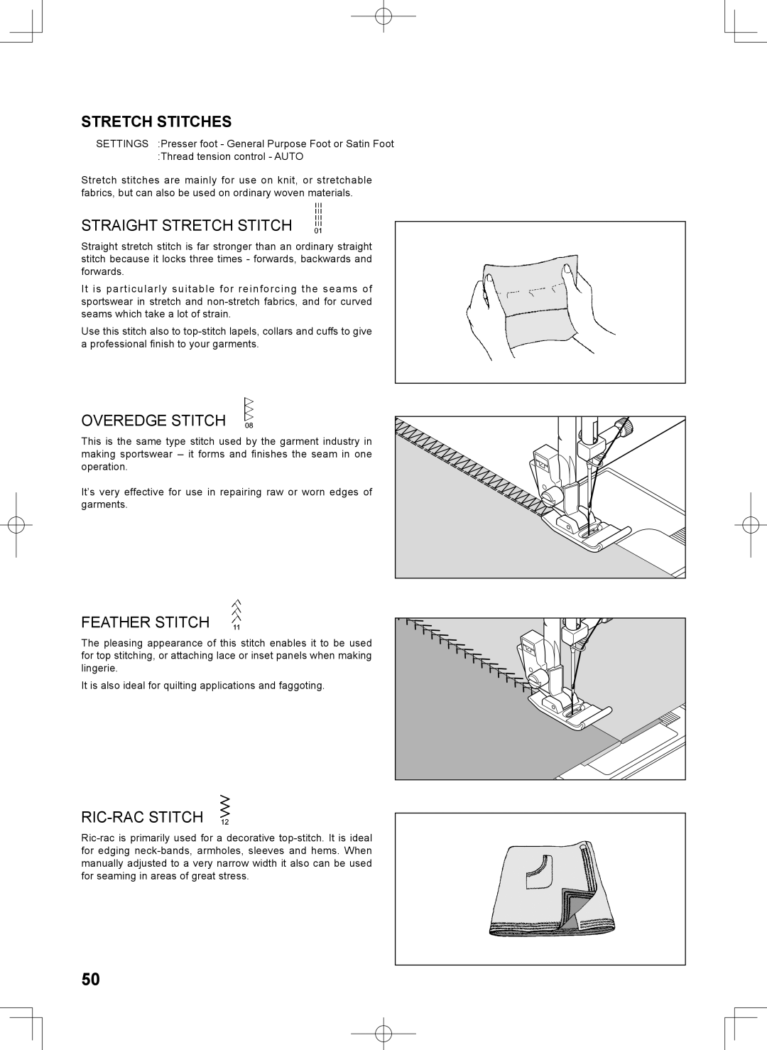 Singer 7467S instruction manual Stretch Stitches, Straight Stretch Stitch, Overedge Stitch, Feather Stitch, RIC-RAC Stitch 