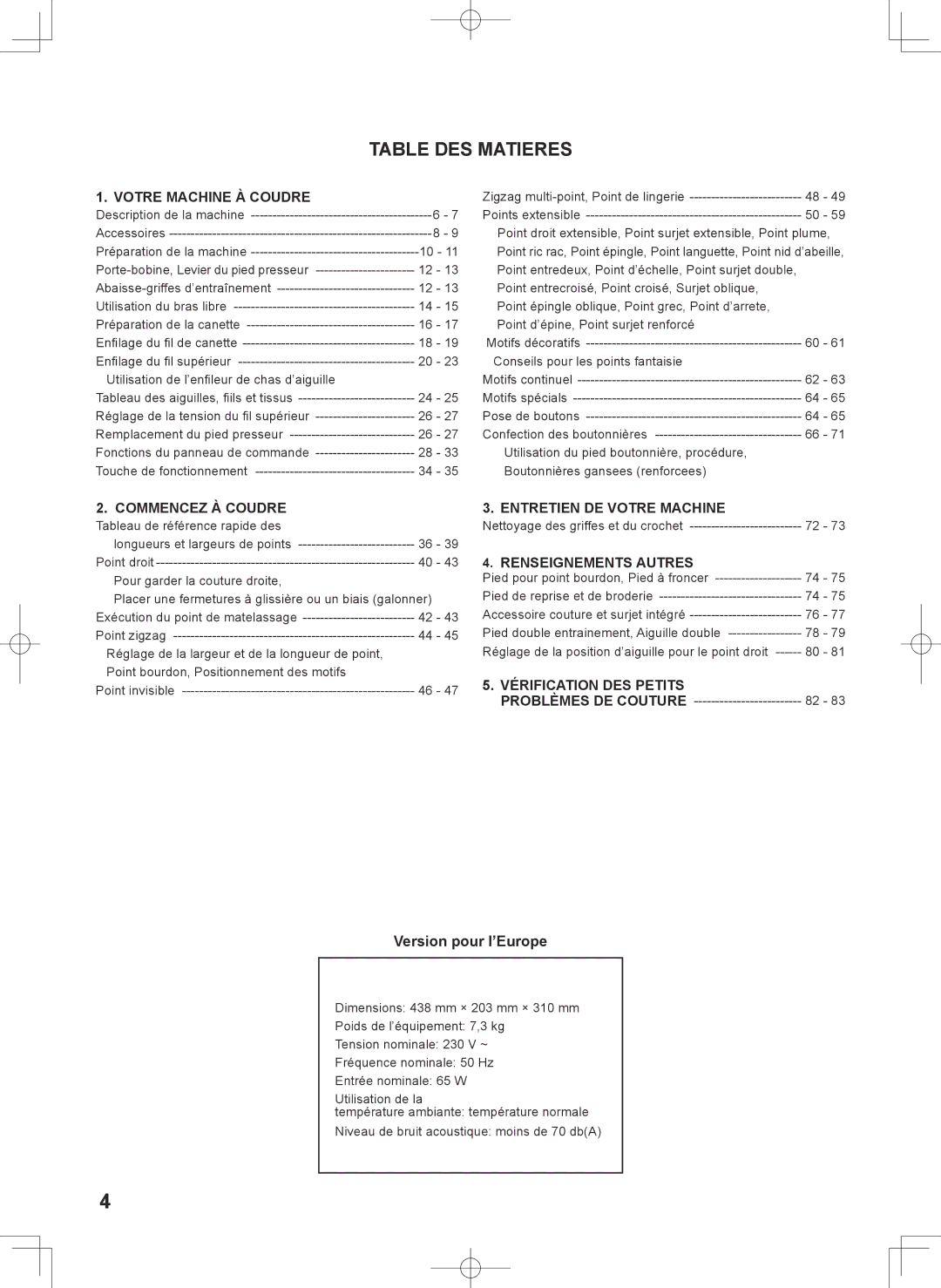 Singer 7467S instruction manual Table DES Matieres, Version pour l’Europe 