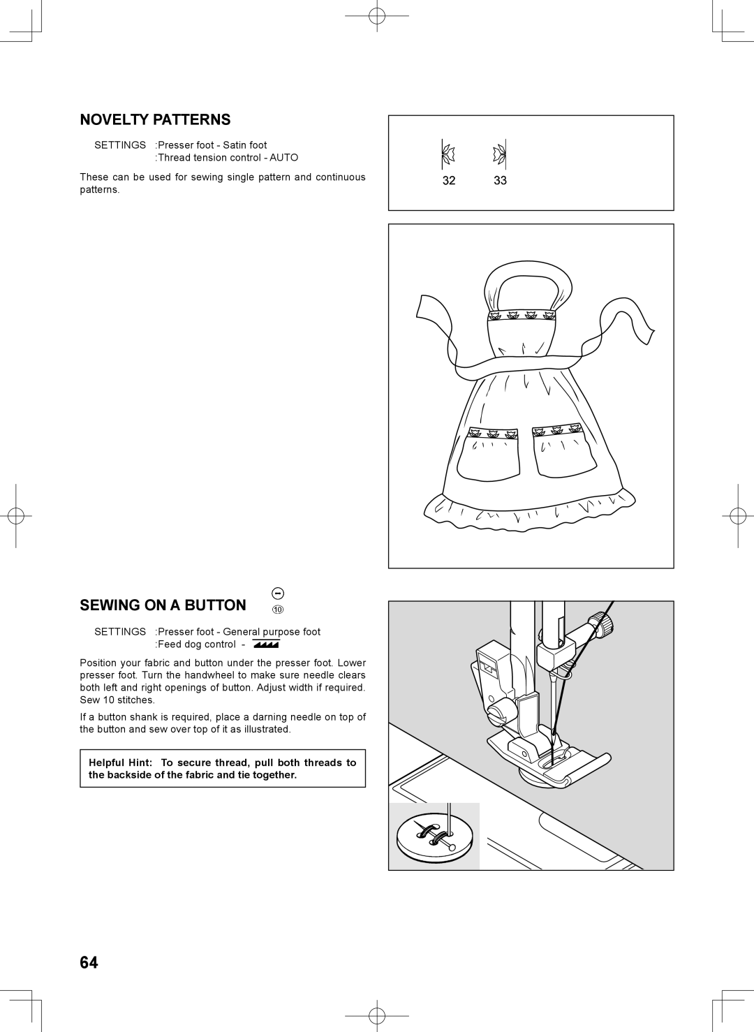 Singer 7467S instruction manual Novelty Patterns, Sewing on a Button 