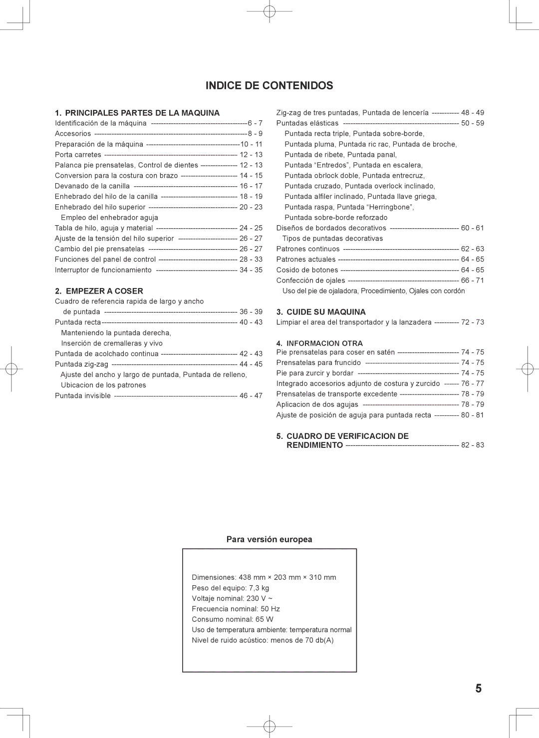 Singer 7467S instruction manual Indice DE Contenidos, Para versión europea 