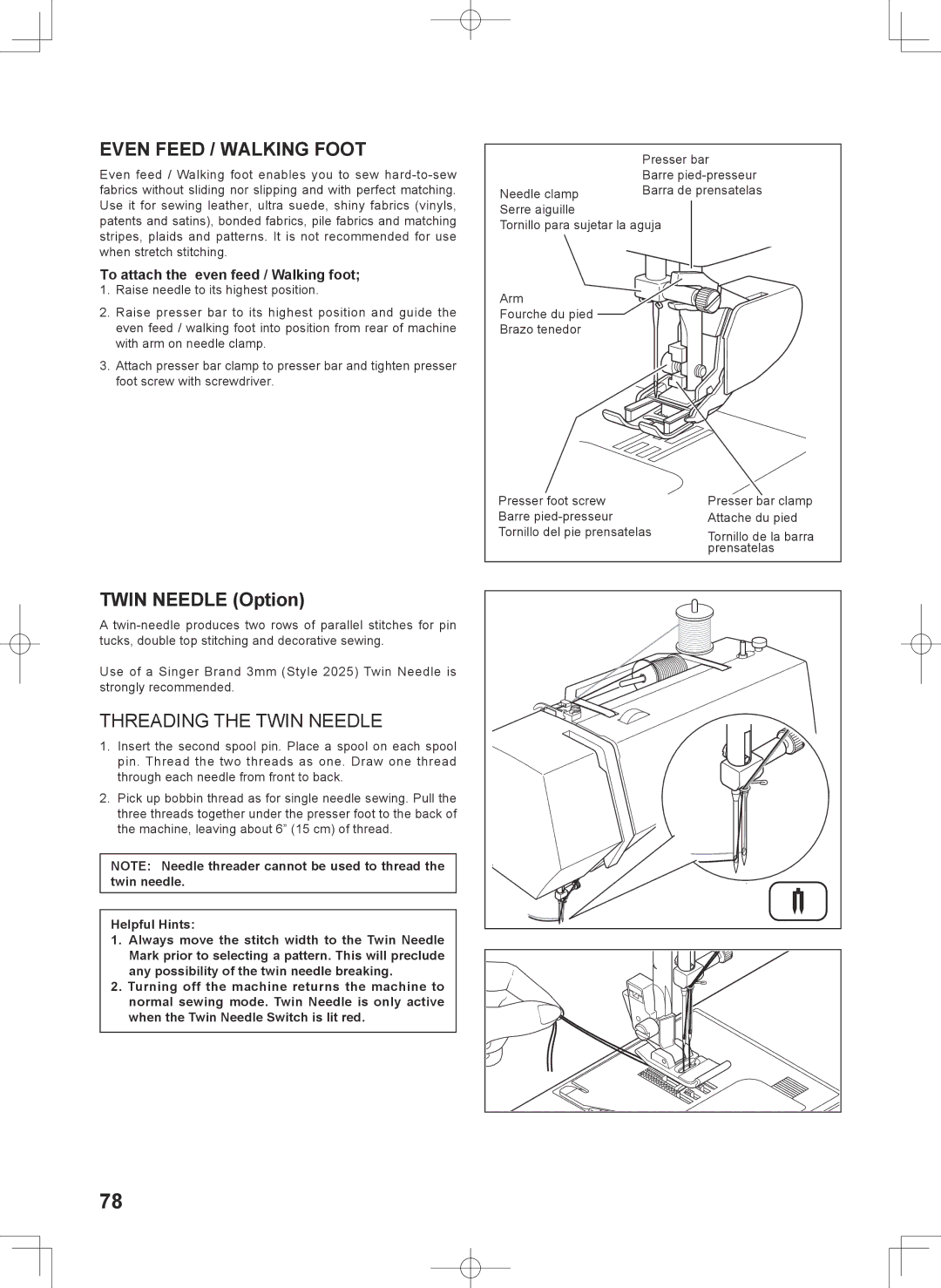 Singer 7467S instruction manual Even Feed / Walking Foot, Threading the Twin Needle 