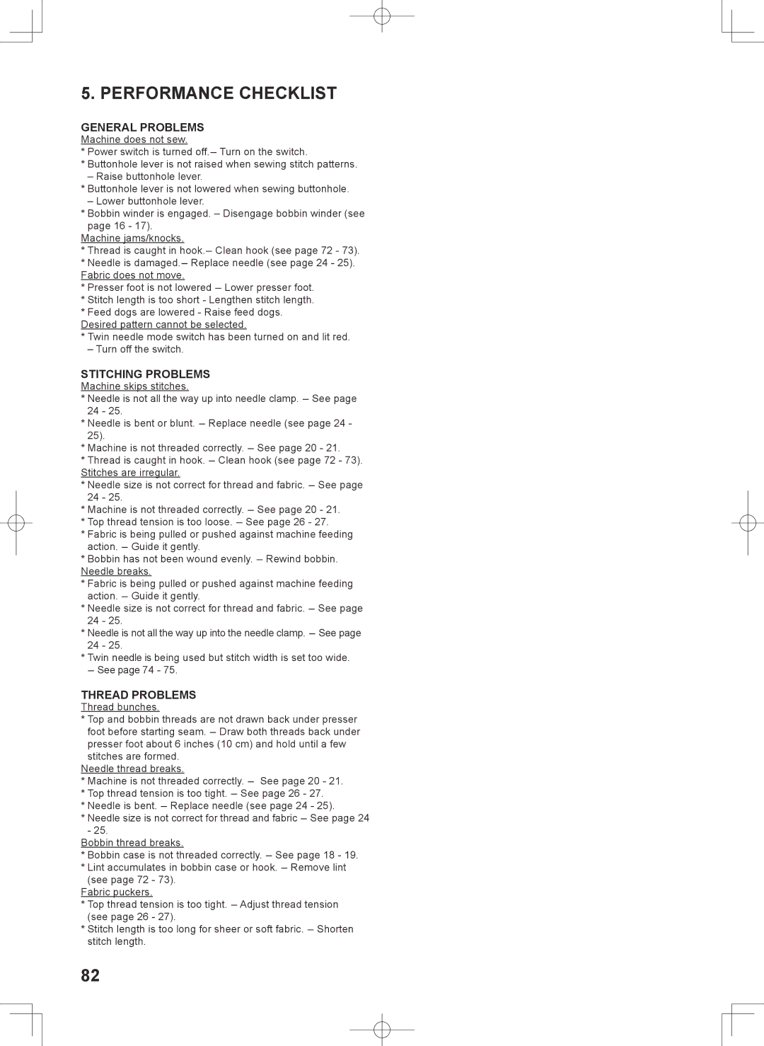 Singer 7467S instruction manual Performance Checklist, General Problems 