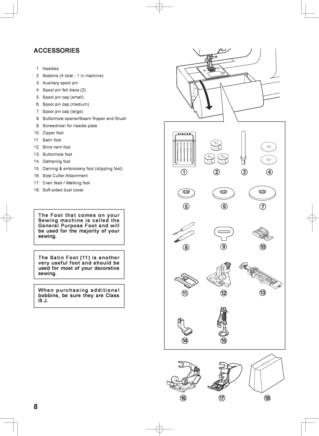 Singer 7467S instruction manual Accessories, When purchasing additional bobbins, be sure they are Class I5 J 