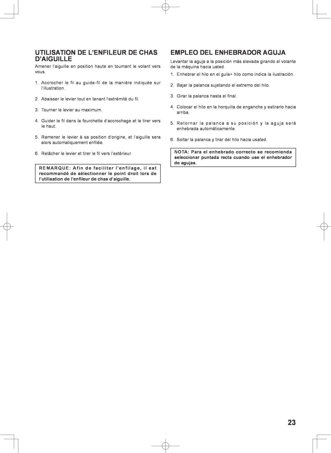 Singer 7467S instruction manual Utilisation De L’Enfileur De Chas D’Aiguille, Empleo Del Enhebrador Aguja 