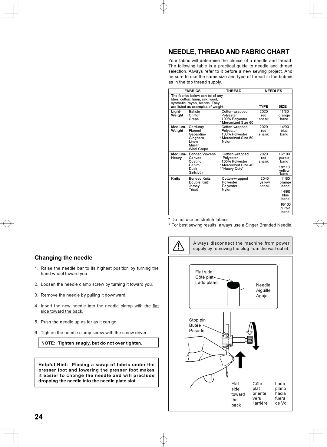 Singer 7467S instruction manual Needle, Thread And Fabric Chart, Changing the needle 