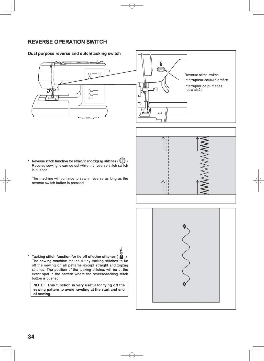Singer 7467S instruction manual Reverse Operation Switch, Dual purpose reverse and stitch/tacking switch 