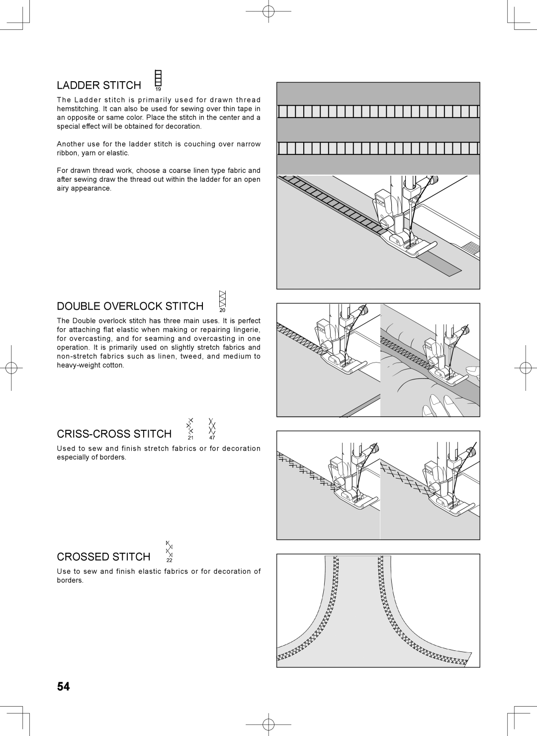 Singer 7467S instruction manual Ladder Stitch, Double Overlock Stitch, Criss-Cross Stitch, Crossed Stitch 
