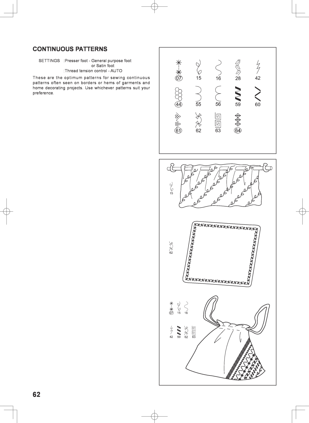 Singer 7467S instruction manual Continuous Patterns, SETTINGS Presser foot - General purpose foot or Satin foot 