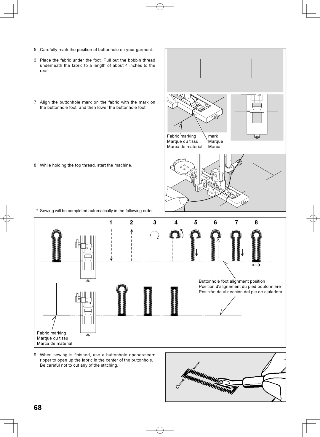 Singer 7467S instruction manual Carefully mark the position of buttonhole on your garment 