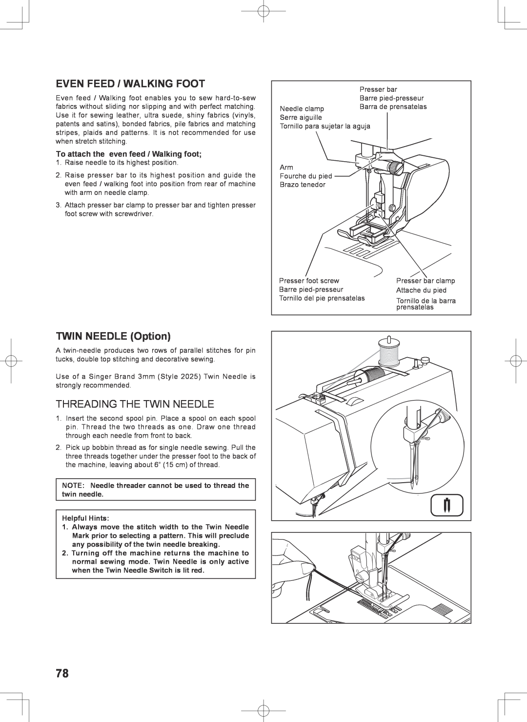 Singer 7467S instruction manual Even Feed / Walking Foot, TWIN NEEDLE Option, Threading The Twin Needle 