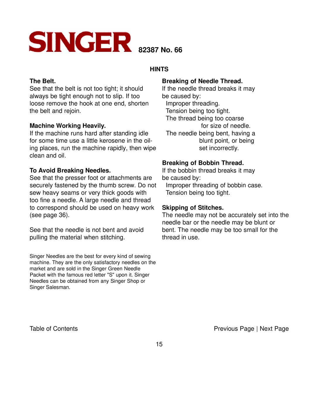 Singer 82387 instruction manual Hints 