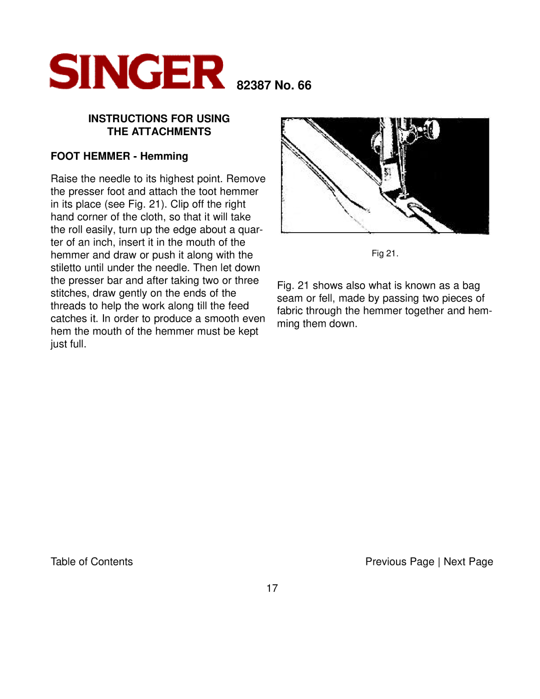 Singer 82387 instruction manual Instructions for Using Attachments, Foot Hemmer Hemming 