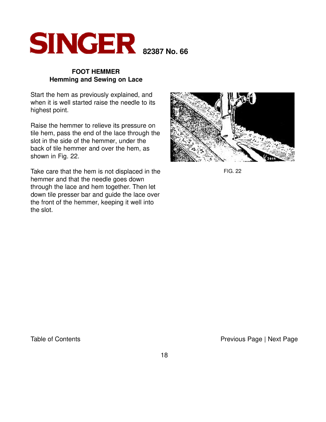 Singer 82387 instruction manual Foot Hemmer, Hemming and Sewing on Lace 