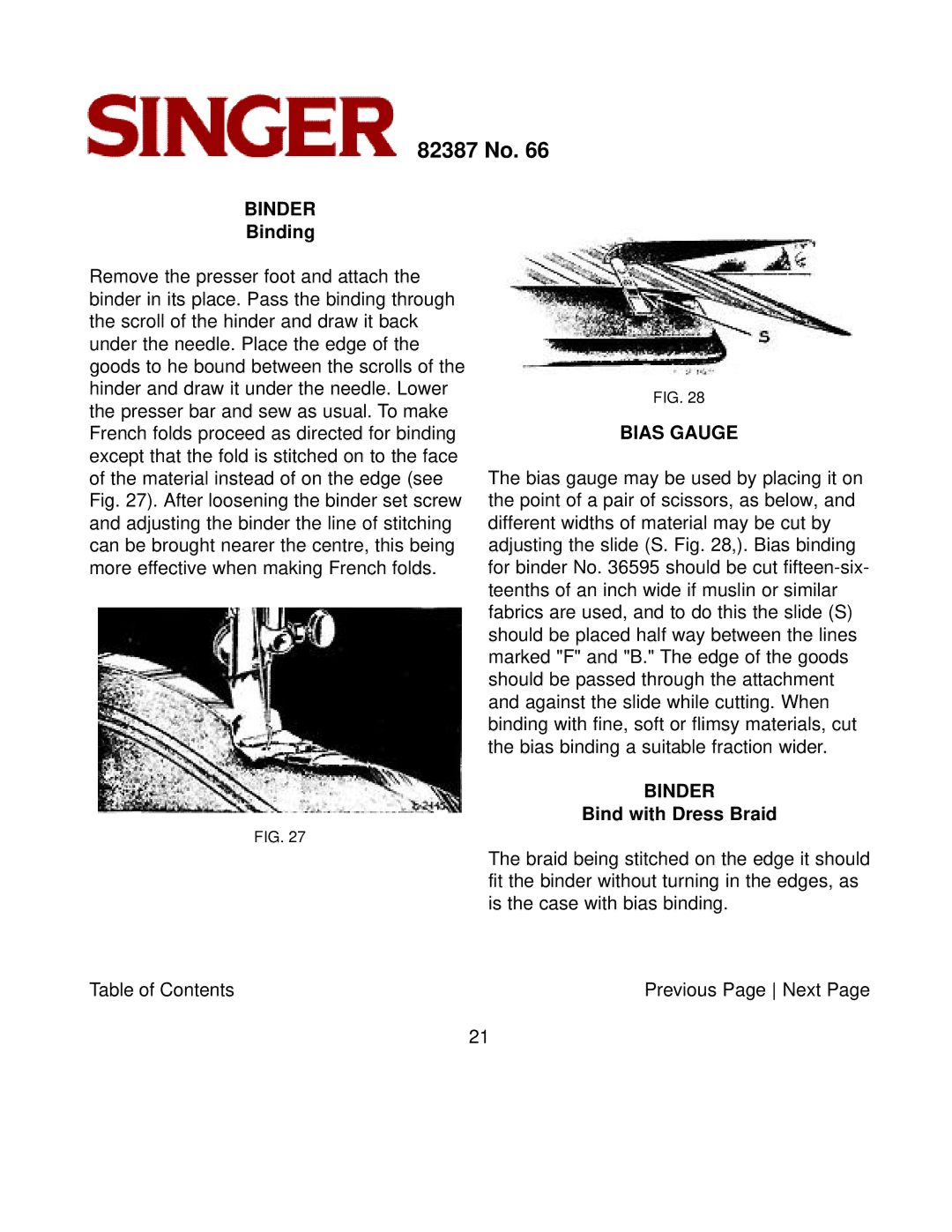 Singer 82387 instruction manual Binder, Binding, Bias Gauge, Bind with Dress Braid 