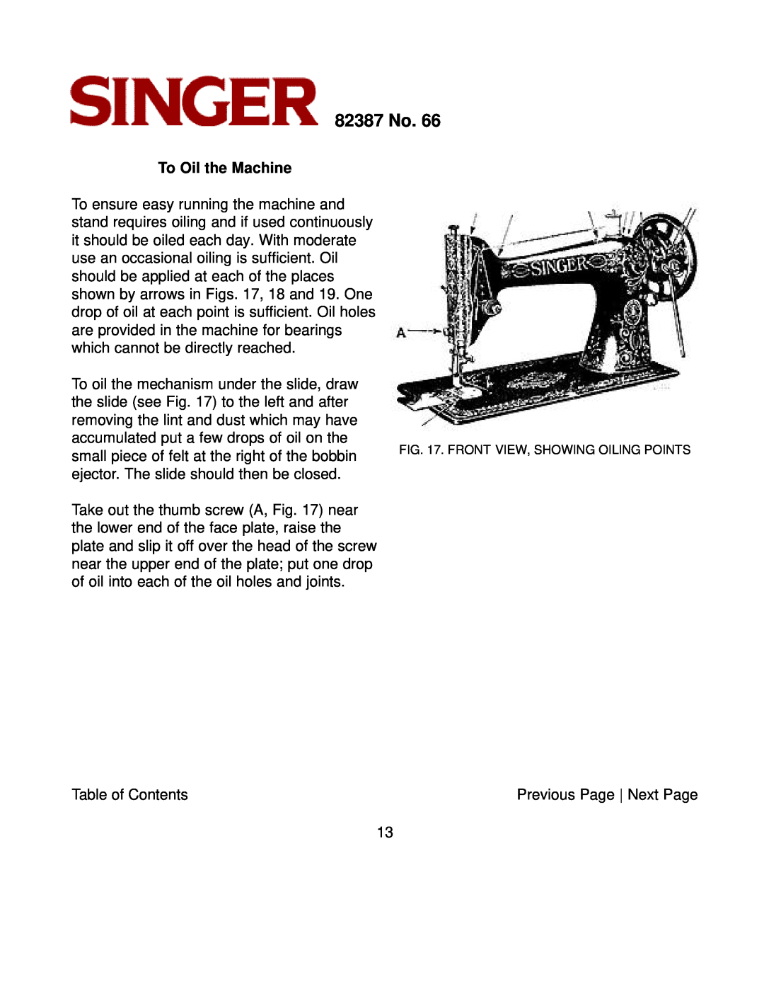 Singer instruction manual To Oil the Machine, 82387 No 