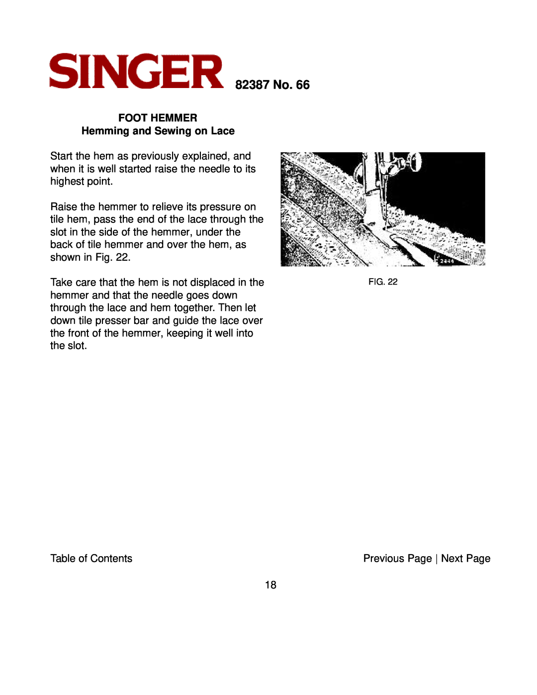 Singer instruction manual FOOT HEMMER Hemming and Sewing on Lace, 82387 No 