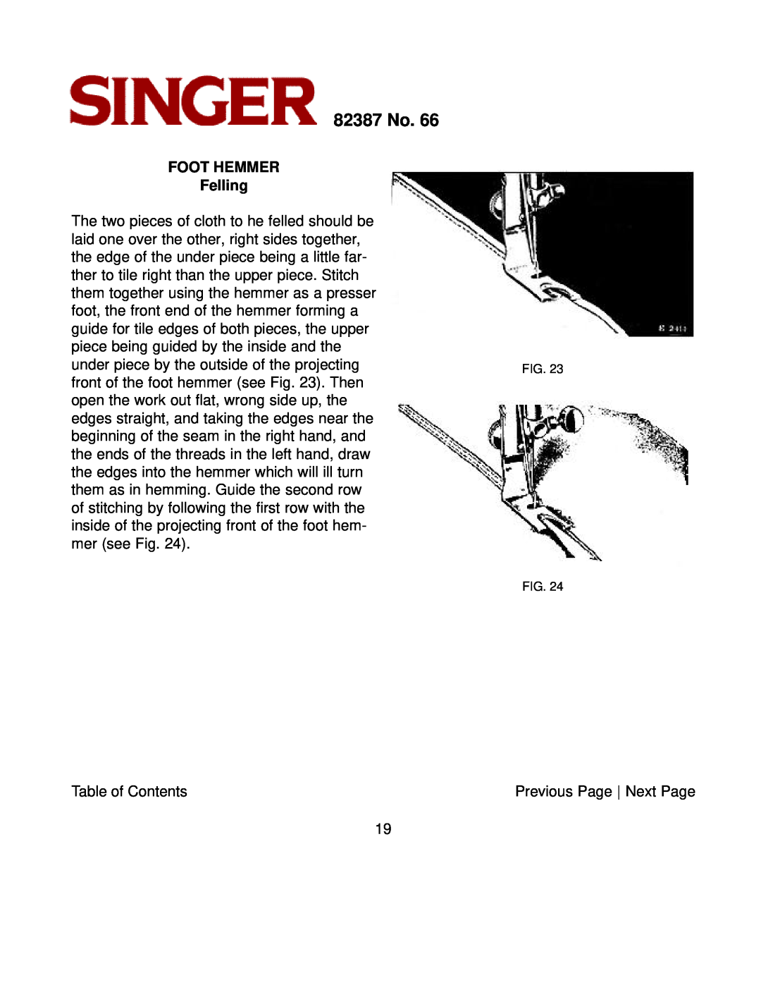 Singer instruction manual FOOT HEMMER Felling, 82387 No 
