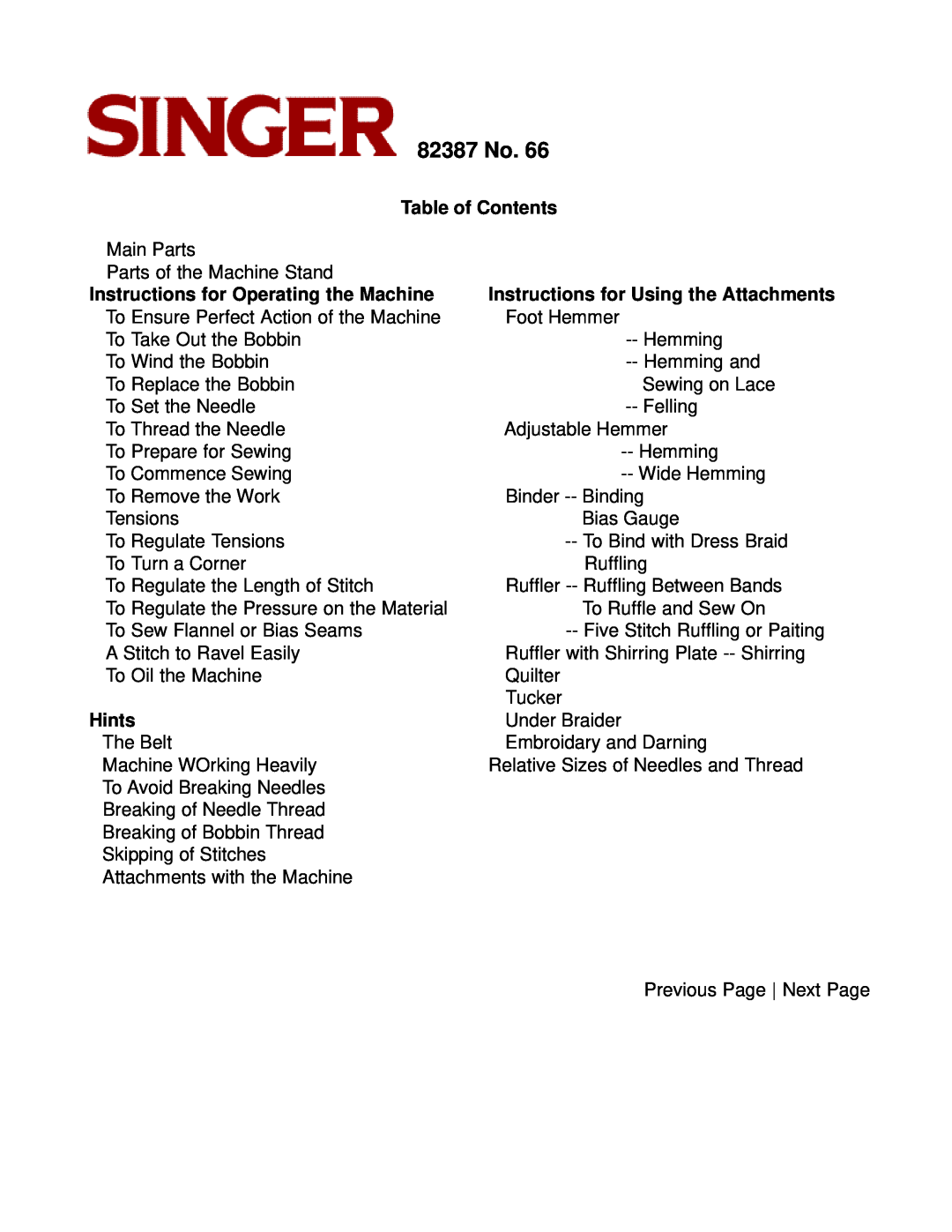 Singer instruction manual Table of Contents, Hints, Instructions for Using the Attachments Foot Hemmer, 82387 No 