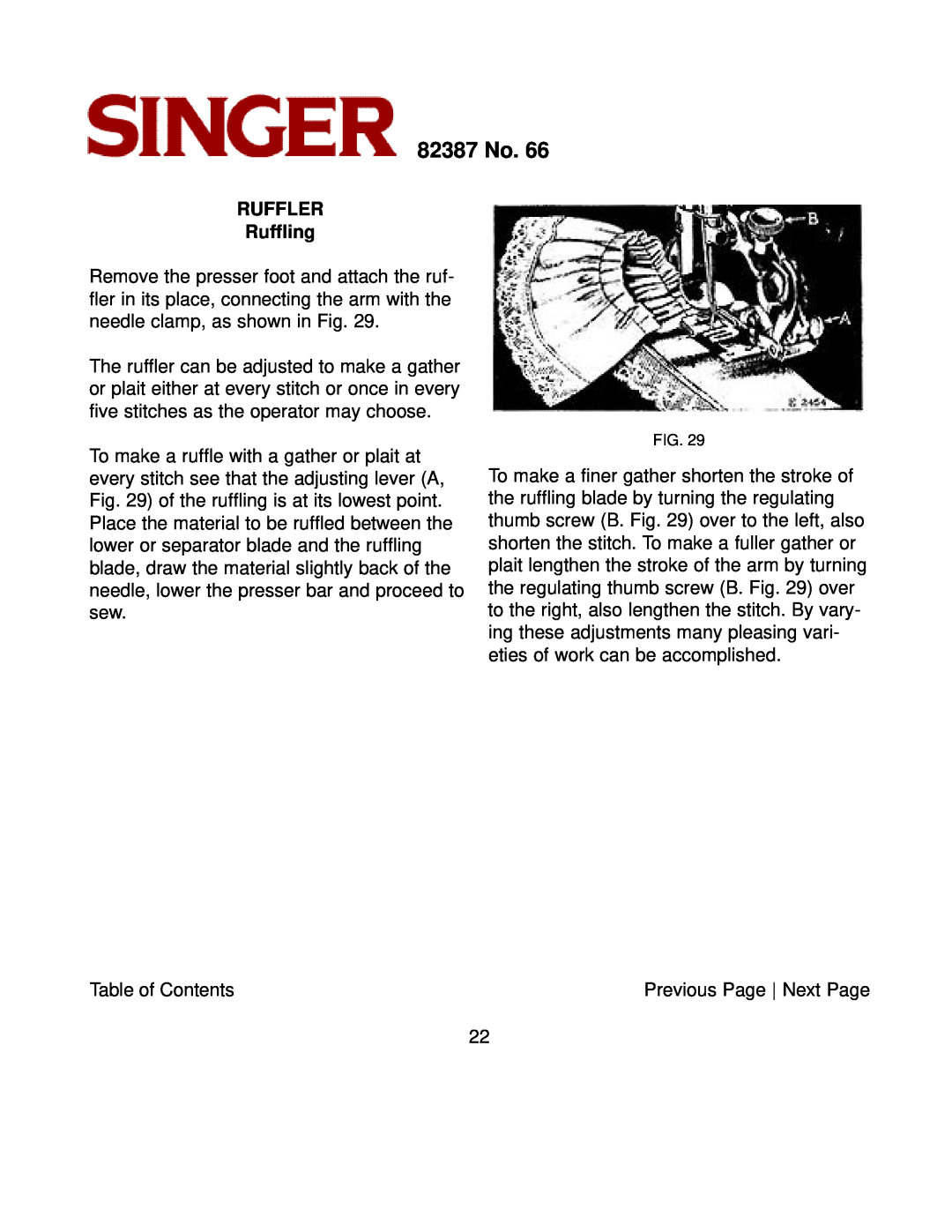 Singer instruction manual RUFFLER Ruffling, 82387 No 