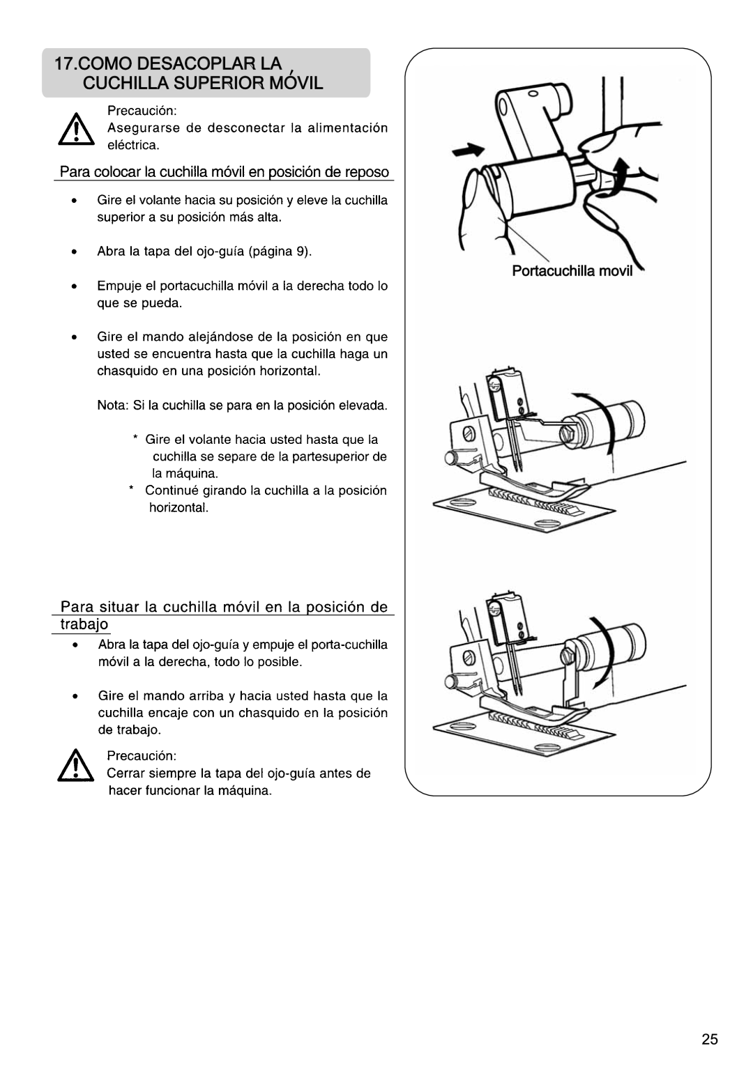 Singer 850CSH instruction manual Como Desacopla R LA Cuchilla Superio R Movil 