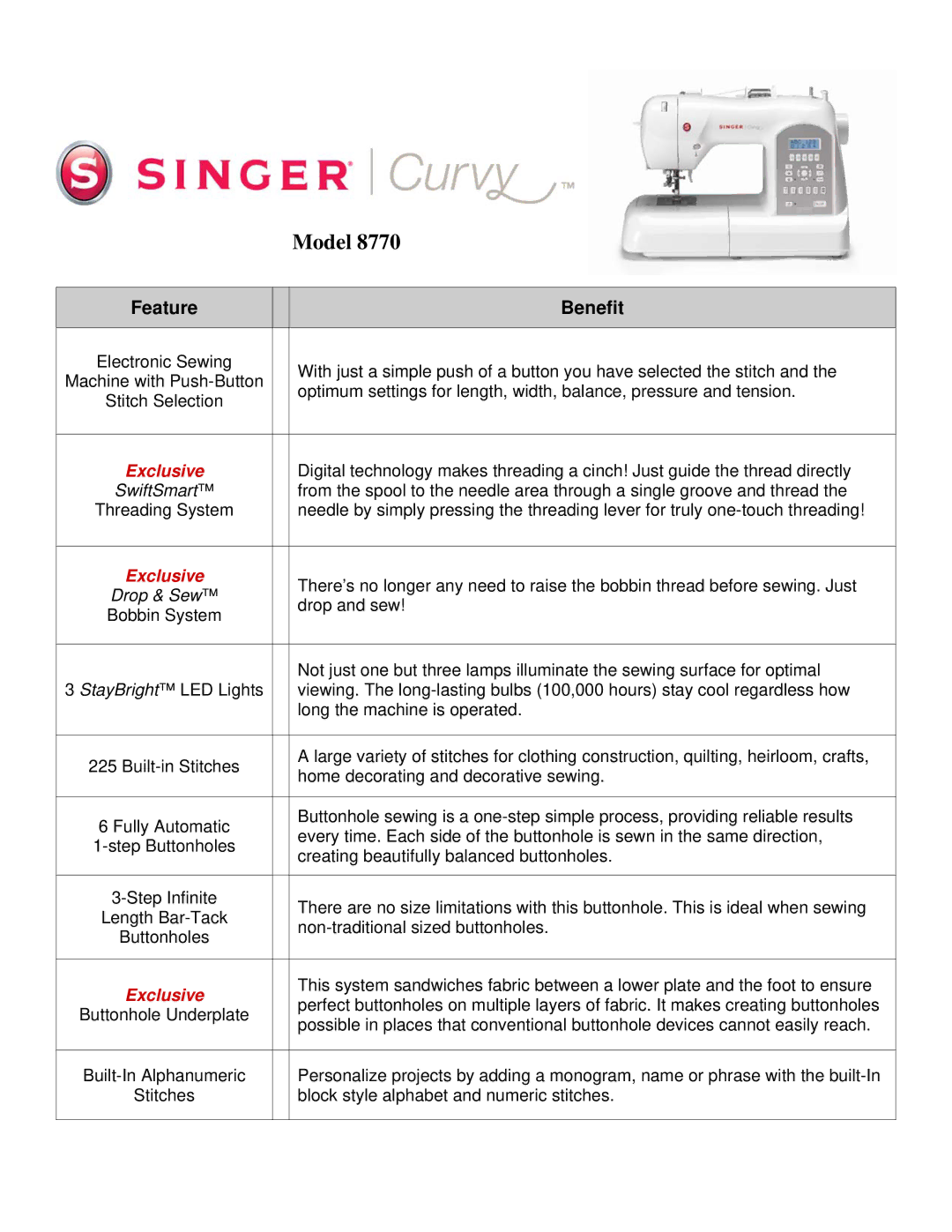 Singer 8770 manual Model 