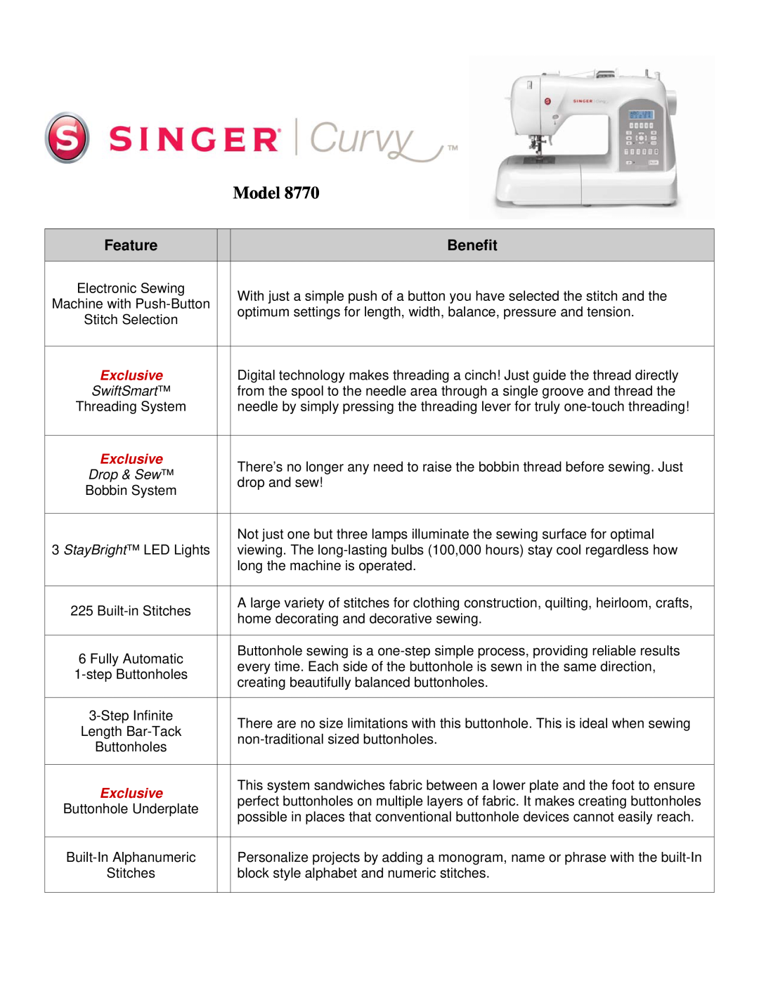 Singer 8770 manual Feature, Benefit, Model, Exclusive, SwiftSmart, Drop & Sew 