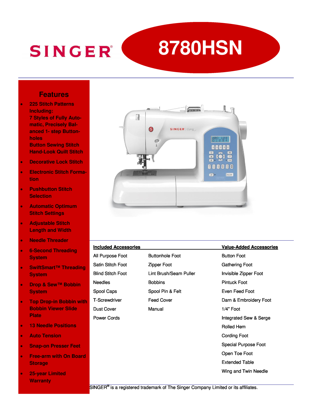 Singer 8780HSN warranty Features 