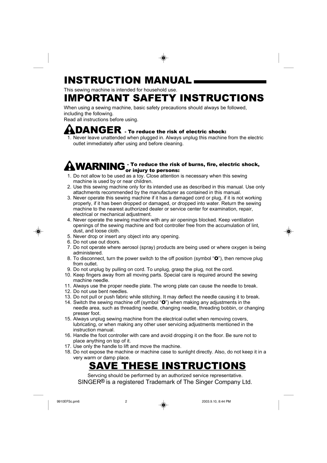 Singer 9910 instruction manual Important Safety Instructions 