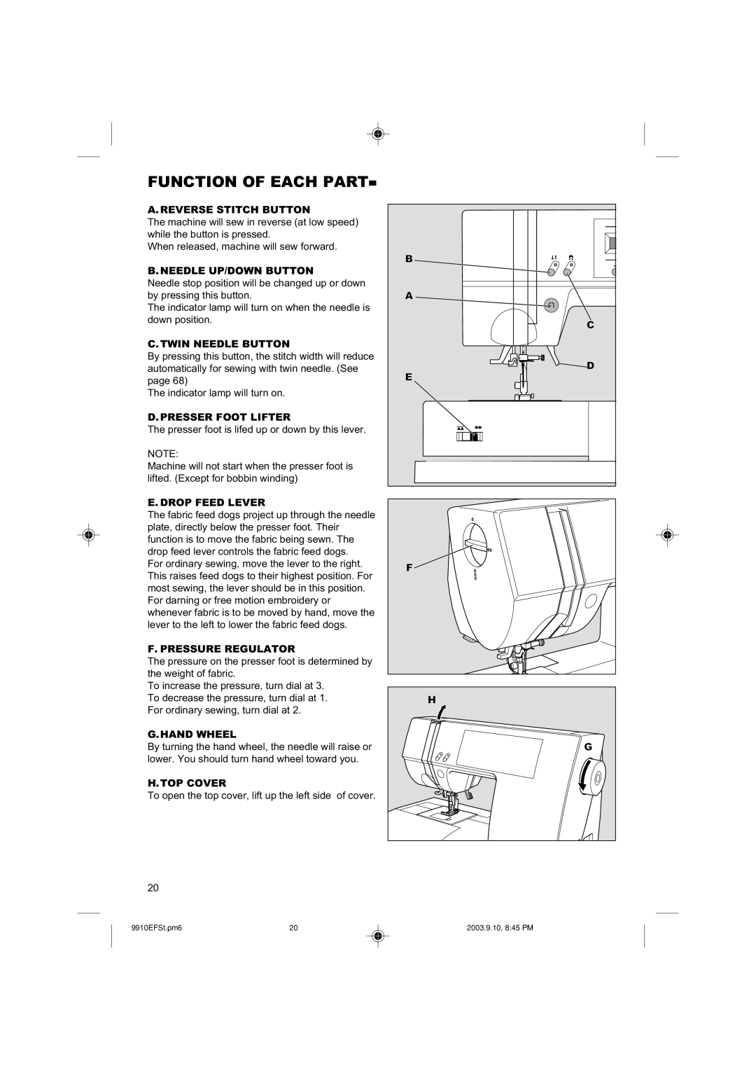 Singer 9910 instruction manual Function of Each Part 