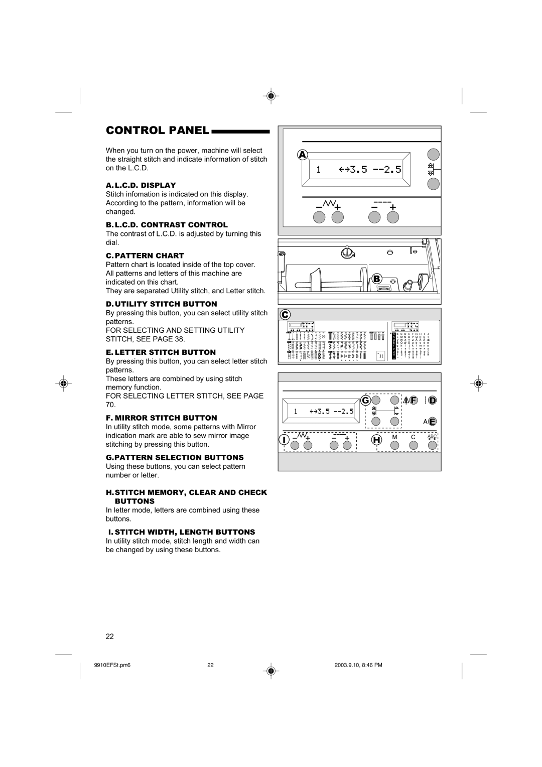 Singer 9910 instruction manual Control Panel 