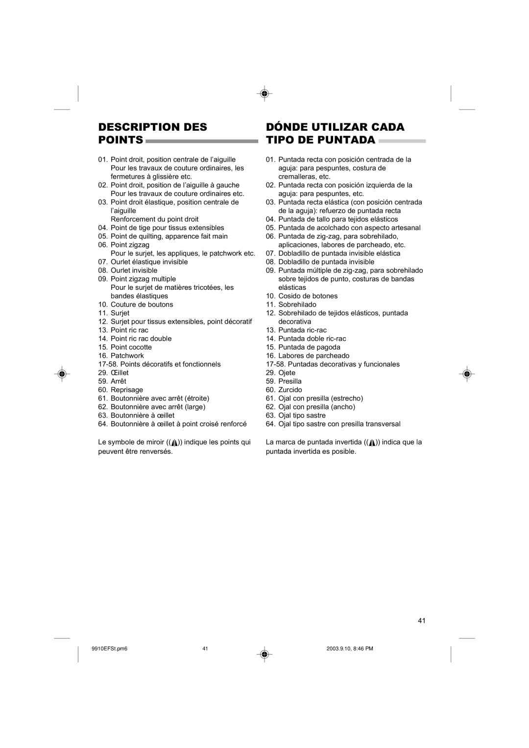 Singer 9910 instruction manual Description DES Dónde Utilizar Cada Points Tipo DE Puntada 