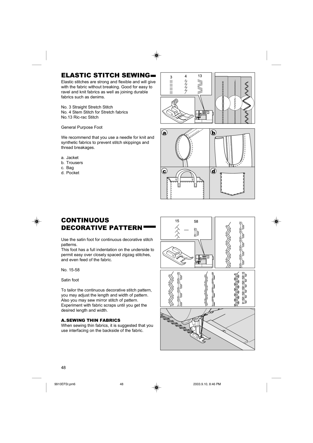 Singer 9910 instruction manual Elastic Stitch Sewing, Continuous Decorative Pattern, Sewing Thin Fabrics 