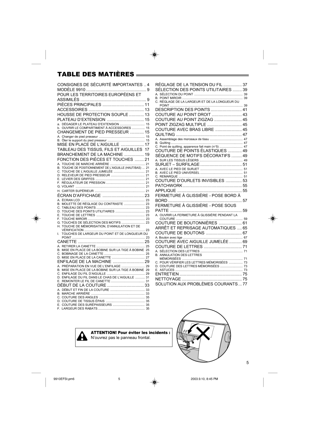 Singer 9910 instruction manual Table DES Matières 