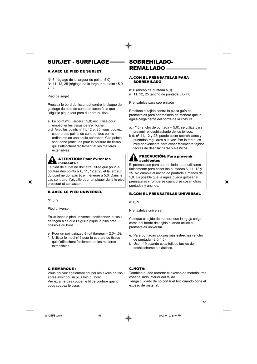 Singer 9910 instruction manual Surjet Surfilage, Sobrehilado Remallado 