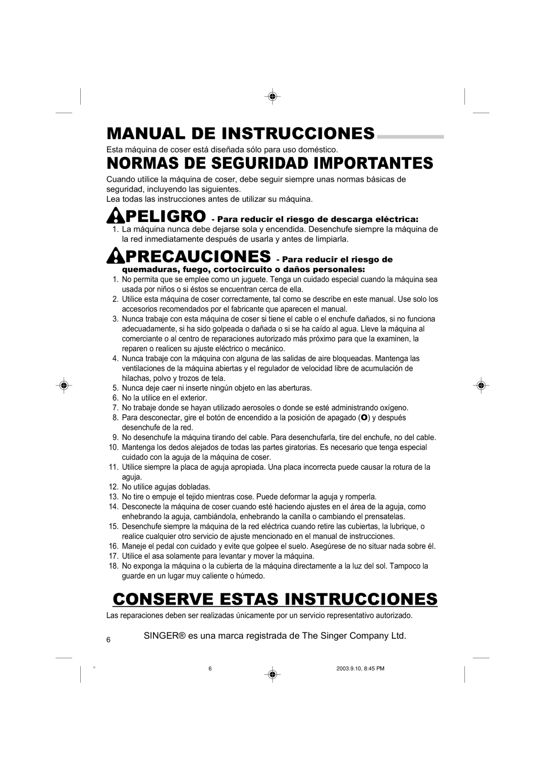 Singer 9910 instruction manual Manual DE Instrucciones 