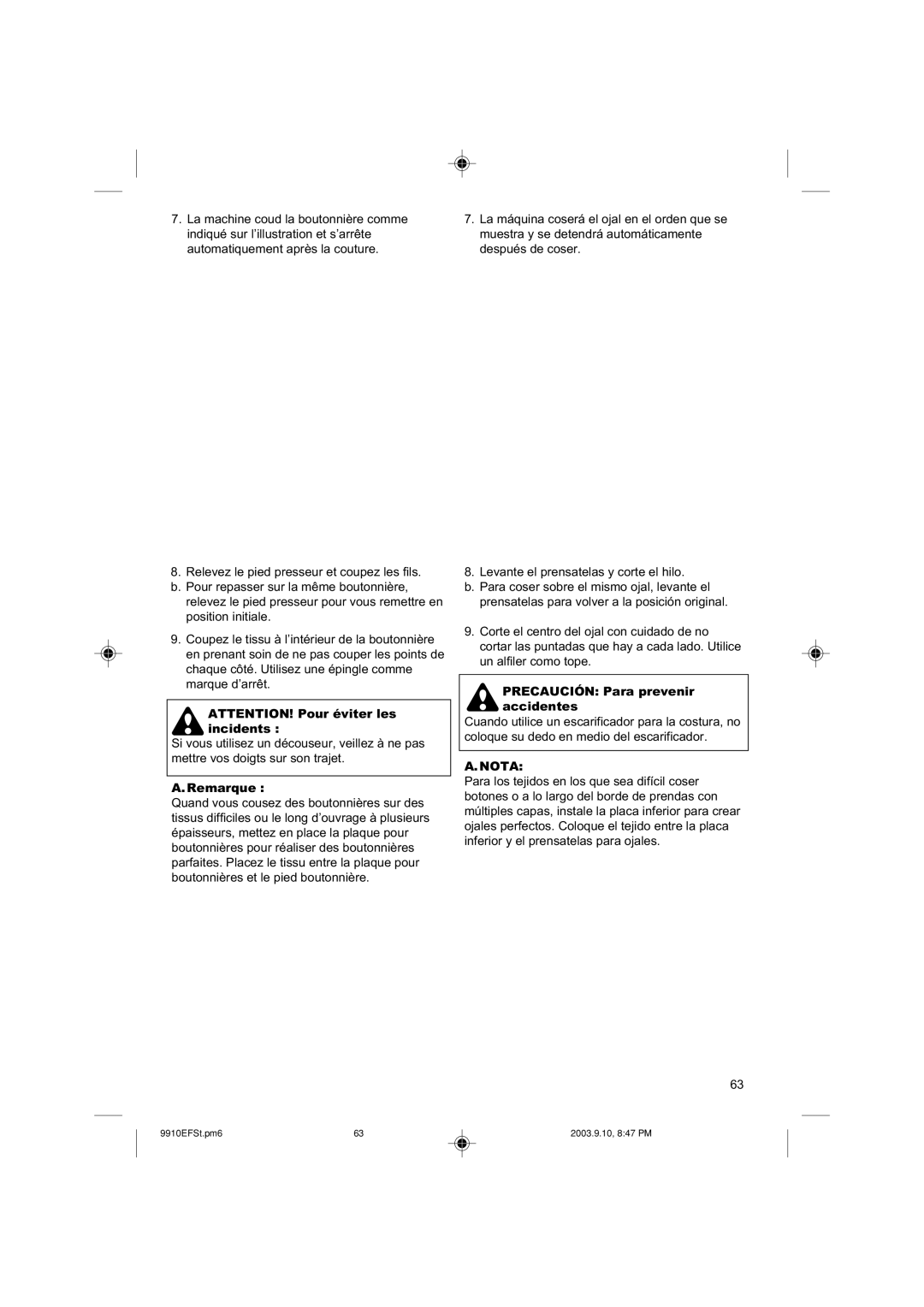 Singer 9910 instruction manual Nota 