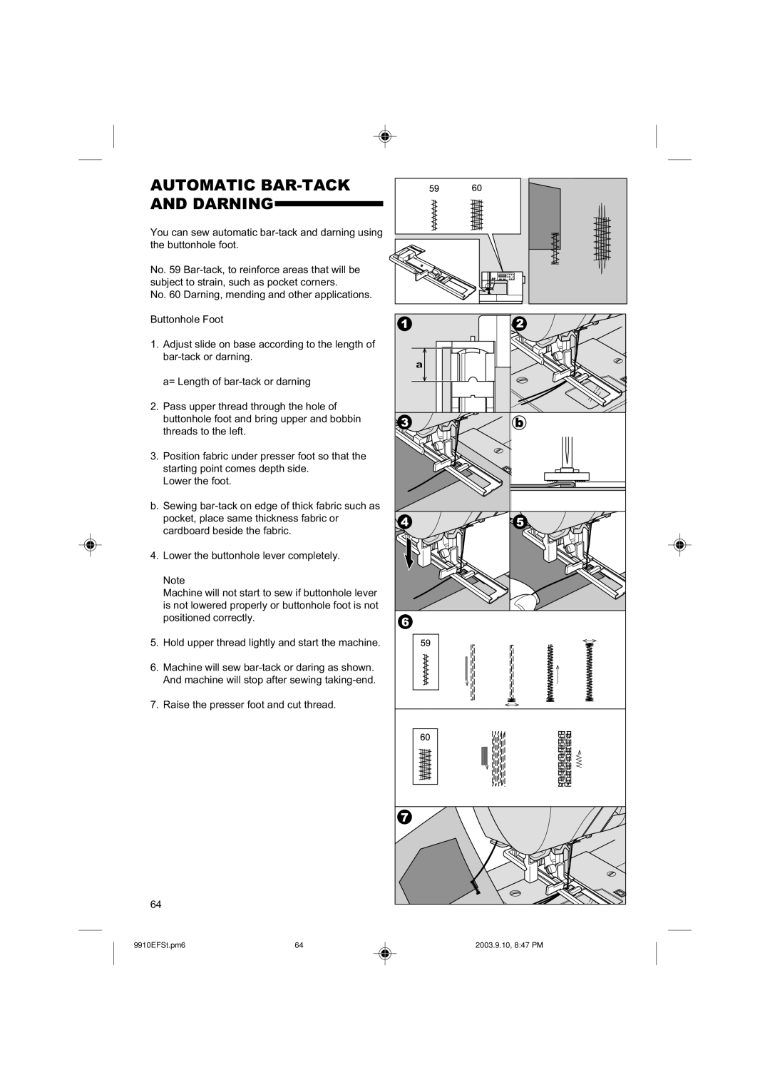 Singer 9910 instruction manual Automatic BAR-TACK Darning 