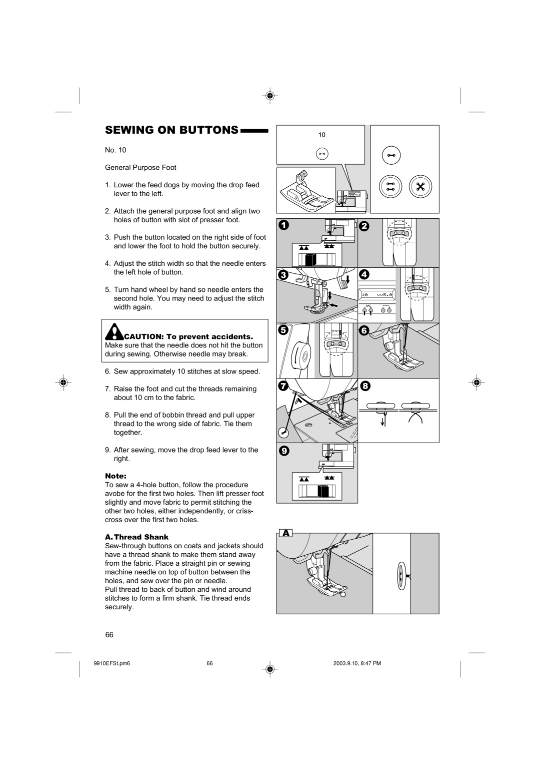 Singer 9910 instruction manual Sewing on Buttons, Thread Shank 