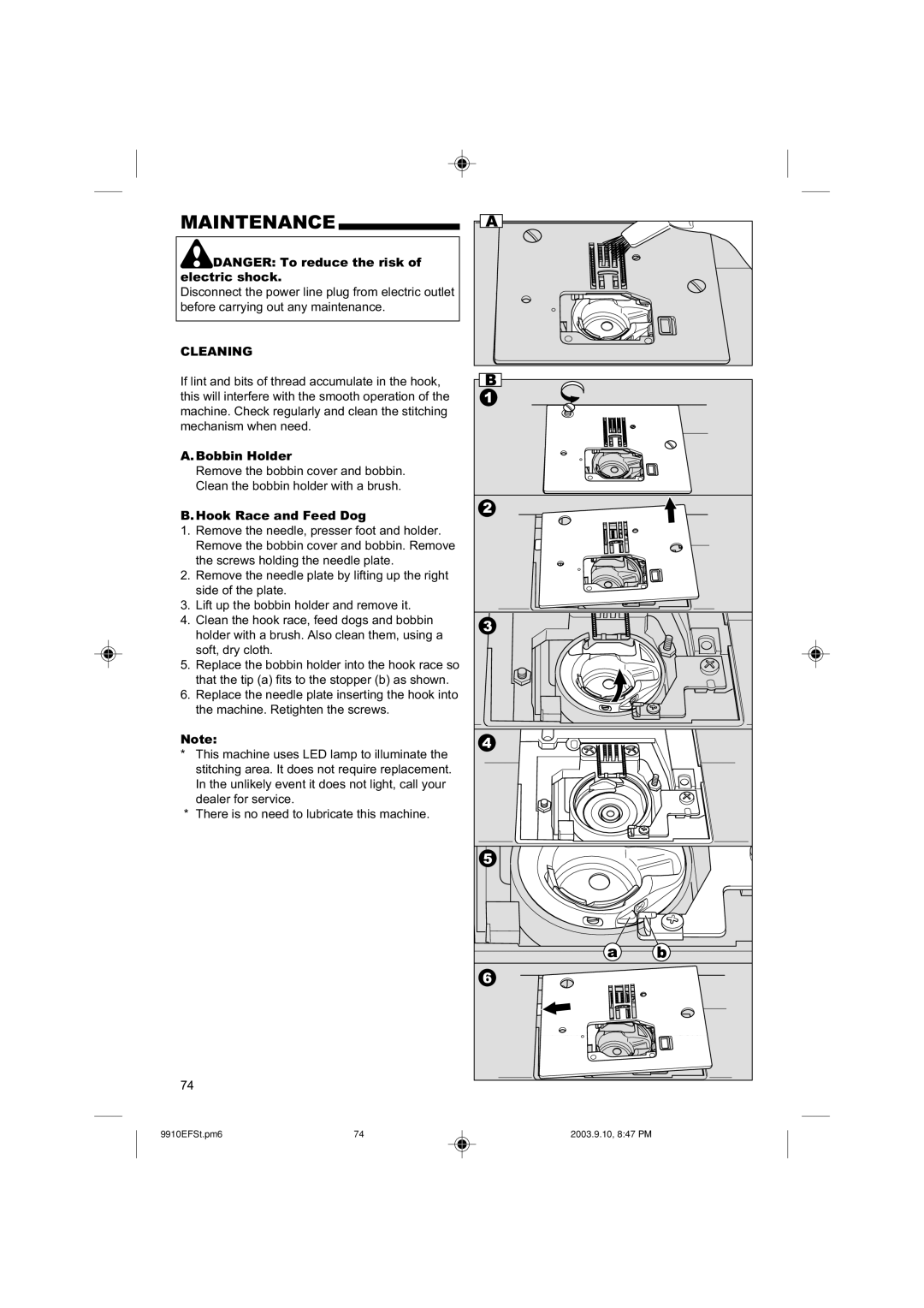 Singer 9910 instruction manual Maintenance, Cleaning, Bobbin Holder, Hook Race and Feed Dog 