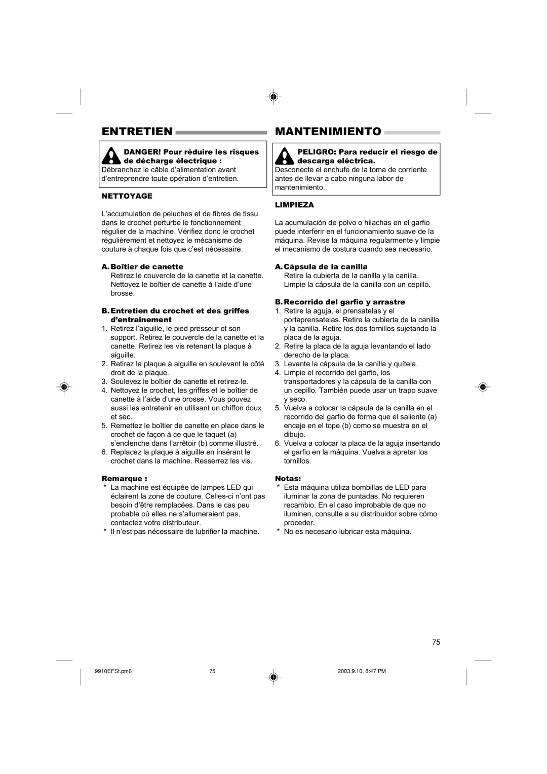 Singer 9910 instruction manual Entretienmantenimiento, Nettoyage, Limpieza 