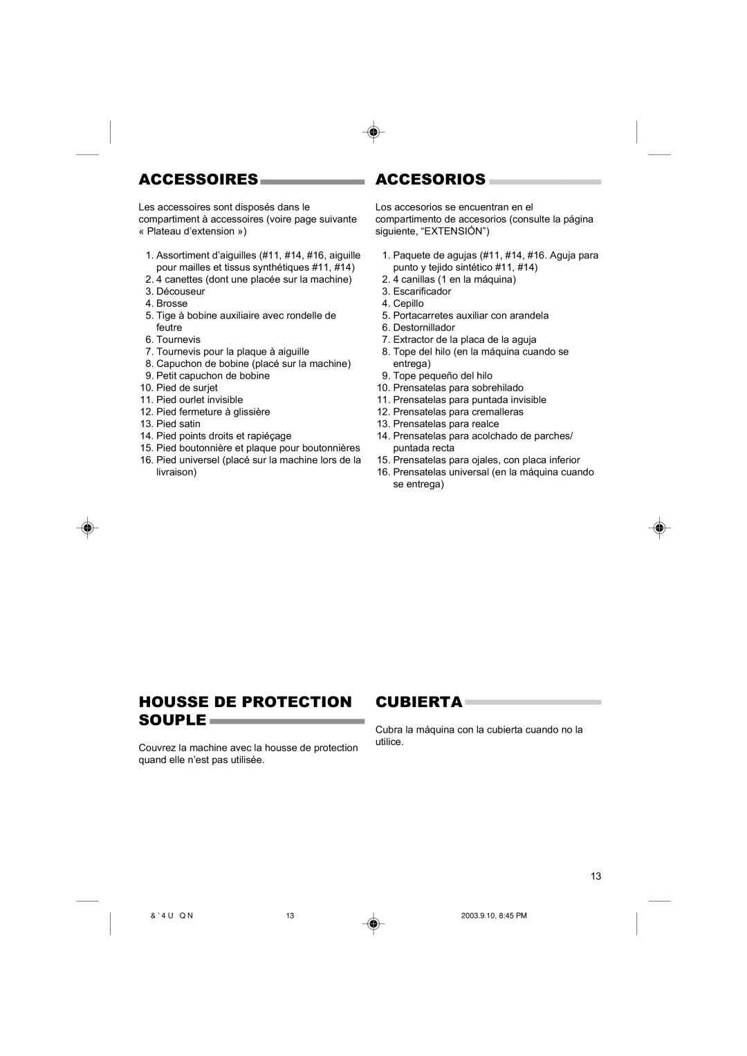 Singer 9910EFSC.PM6 instruction manual Accessoiresaccesorios, Housse DE Protection Souple, Cubierta 