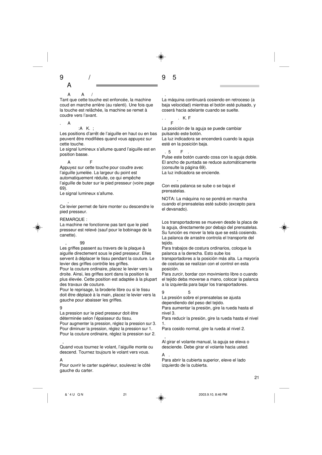 Singer 9910EFSC.PM6 instruction manual Fonction DES Pièces ET Touches, Función DE Cada UNA DE LAS Partes 