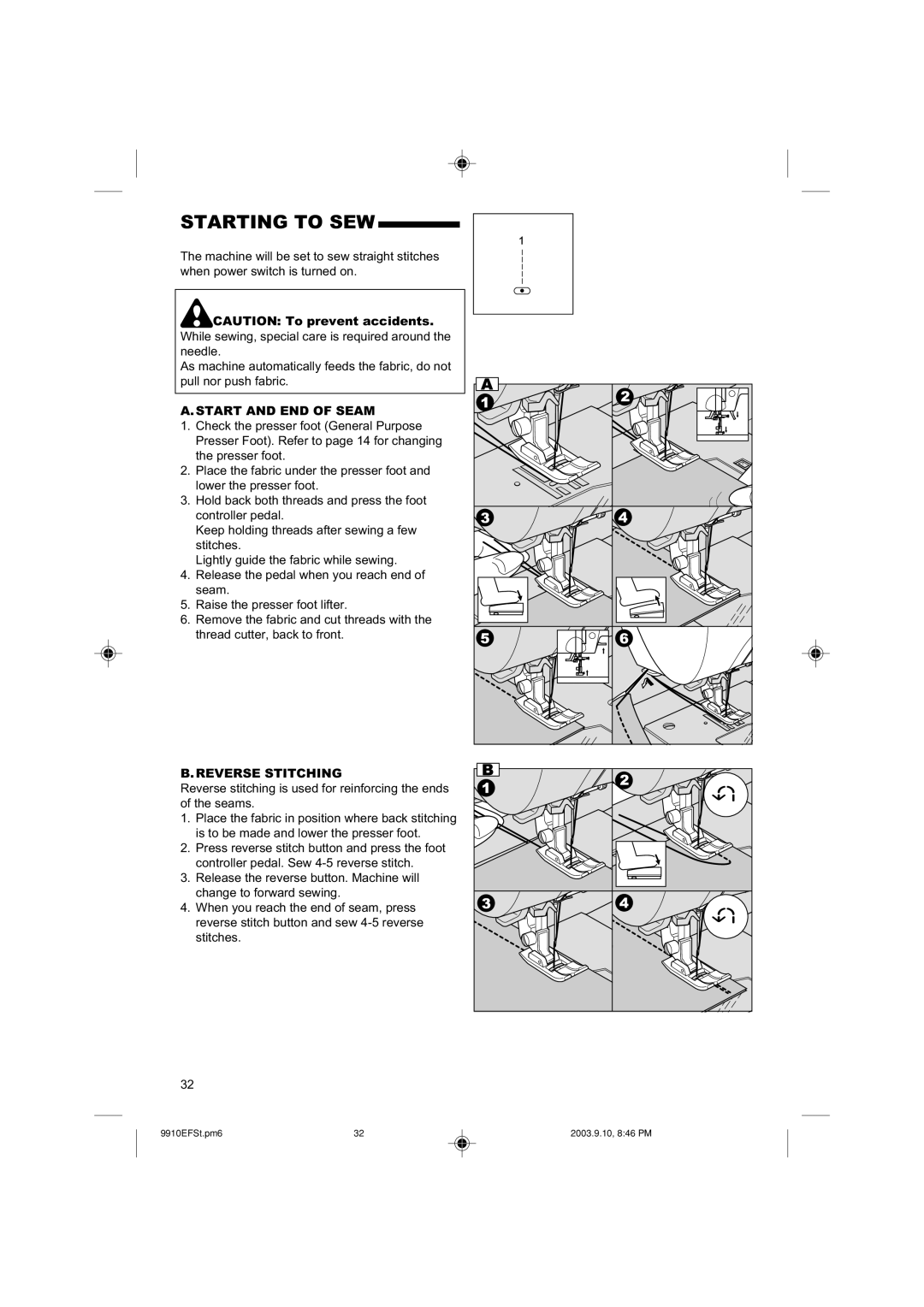 Singer 9910EFSC.PM6 instruction manual Starting to SEW, Start and END of Seam, Reverse Stitching 