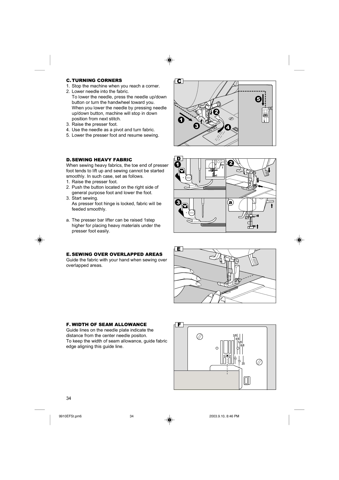 Singer 9910EFSC.PM6 instruction manual Turning Corners, Sewing Heavy Fabric 