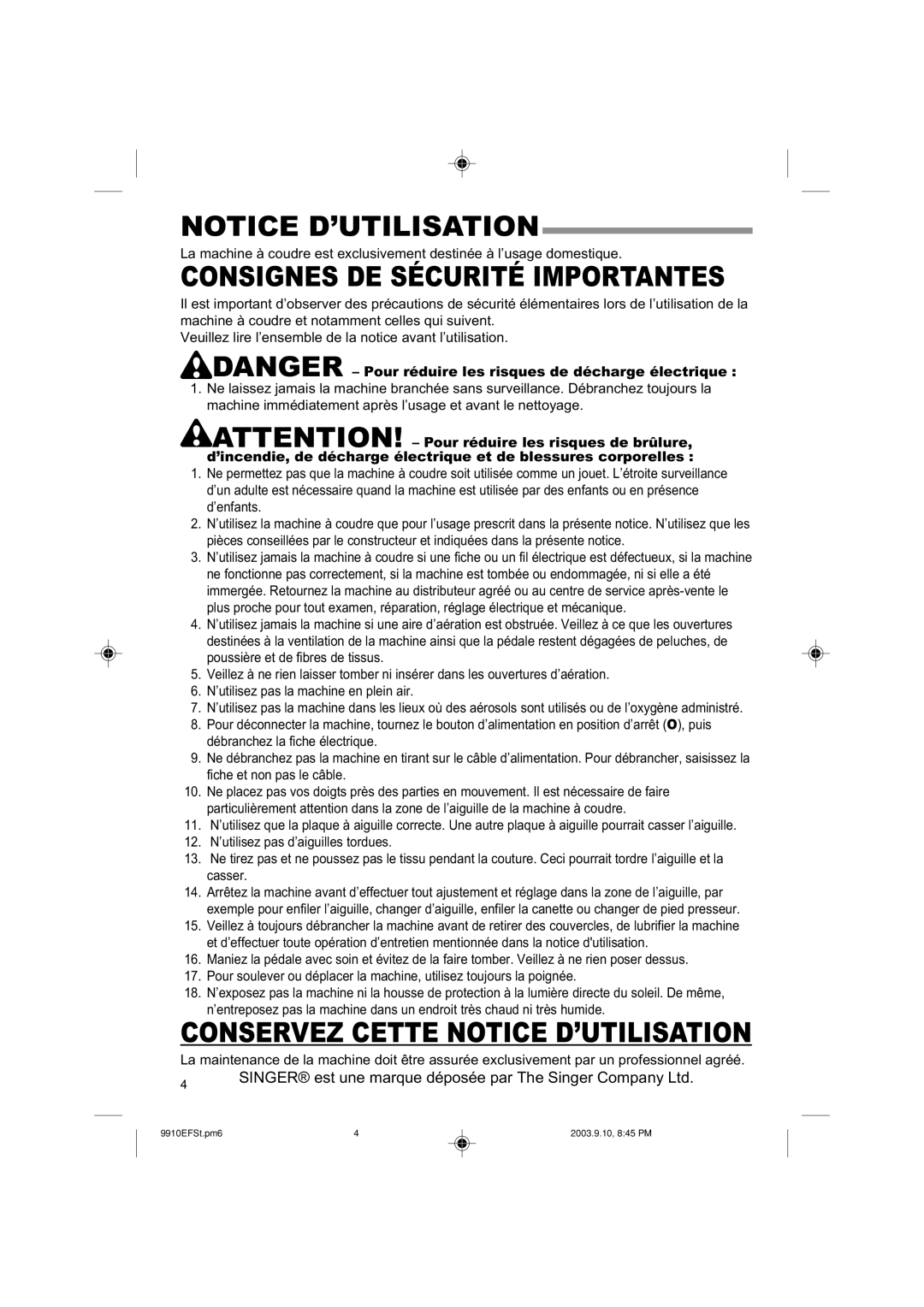 Singer 9910EFSC.PM6 instruction manual Consignes DE Sécurité Importantes 