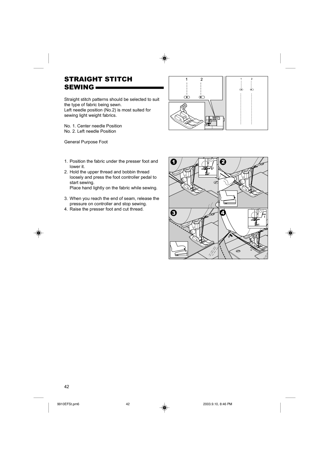 Singer 9910EFSC.PM6 instruction manual Straight Stitch Sewing 